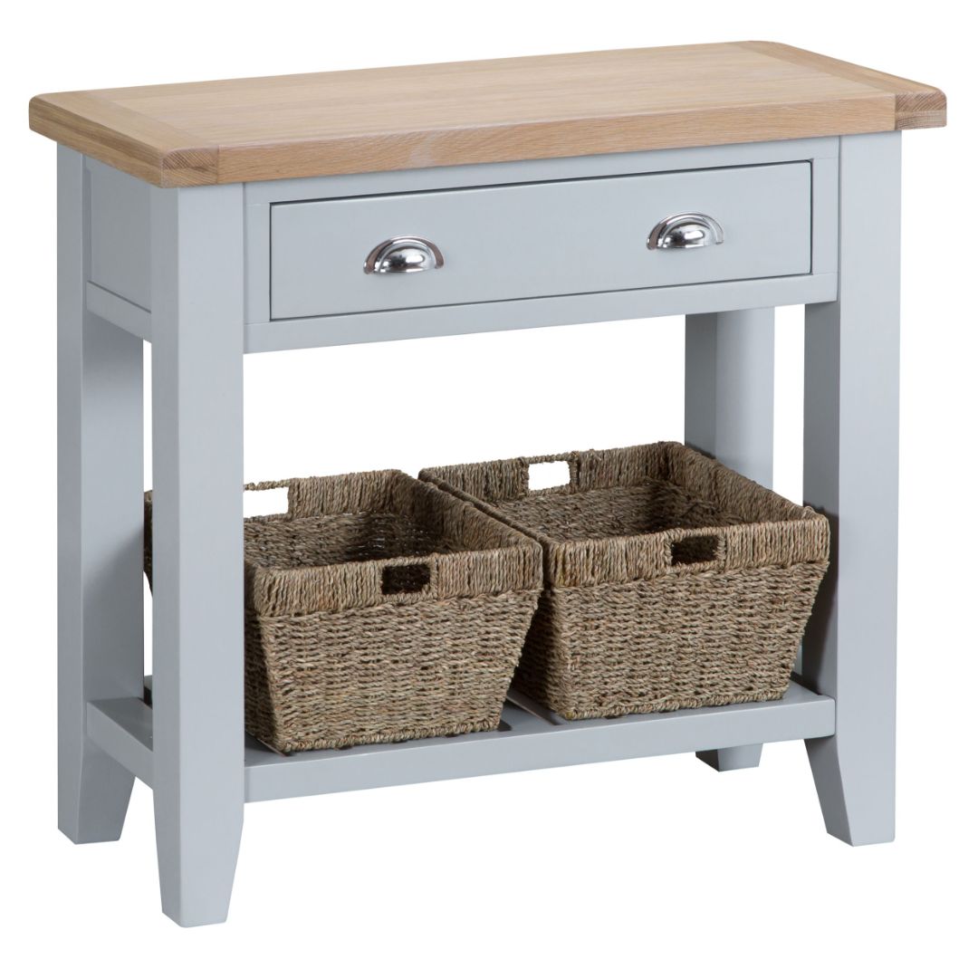 grey console table with baskets